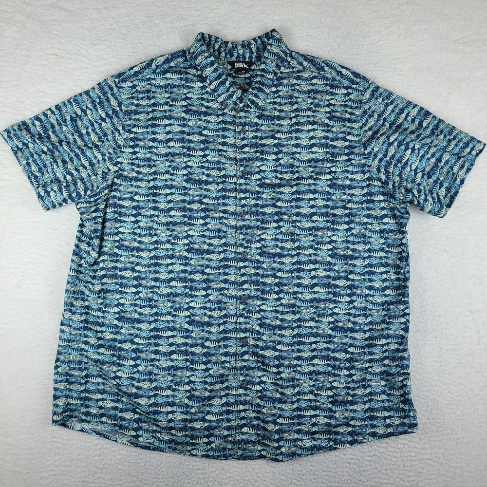 Eddie Bauer Shirt Men 3XB 3XL BIG Blue Teal Fish Hawaiian Button Up Short Sleeve